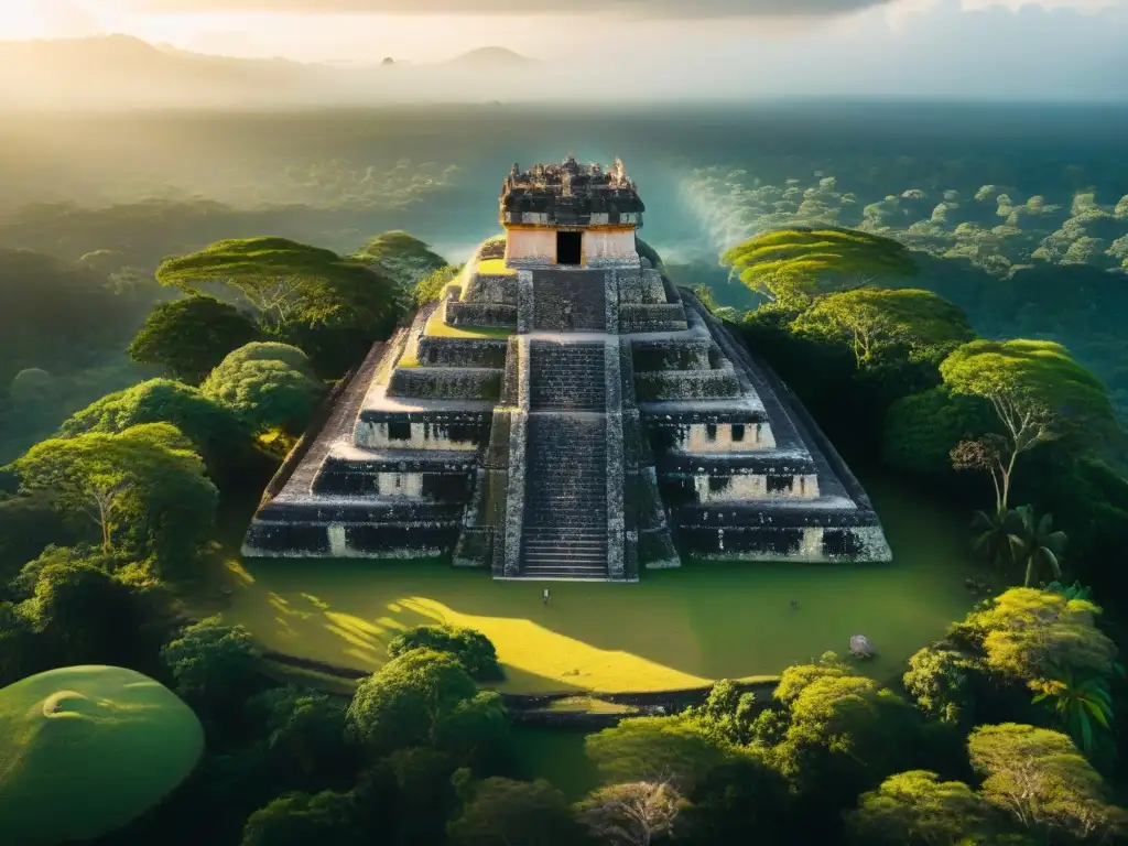 Majestuosa vista aérea de las antiguas ruinas mayas de Xibalbá, rodeadas de exuberante jungla verde al atardecer