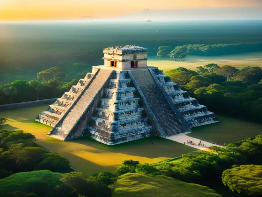 Majestuosa vista aérea de Chichén Itzá al atardecer, con la pirámide de El Castillo bañada en luz dorada, en medio de mitos amorosos cosmovisión maya