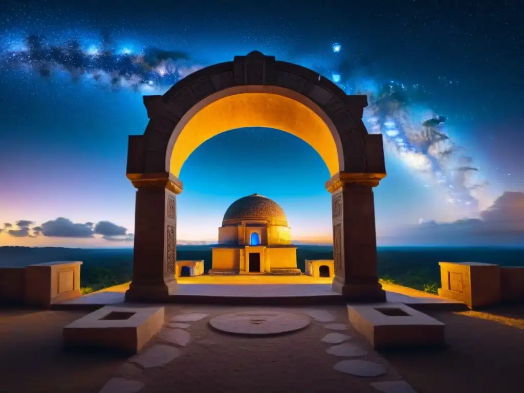Observatorio Maya: Conexión Cósmica y Estelar Majestuosa vista nocturna de la astronomía en la civilización maya desde un observatorio antiguo