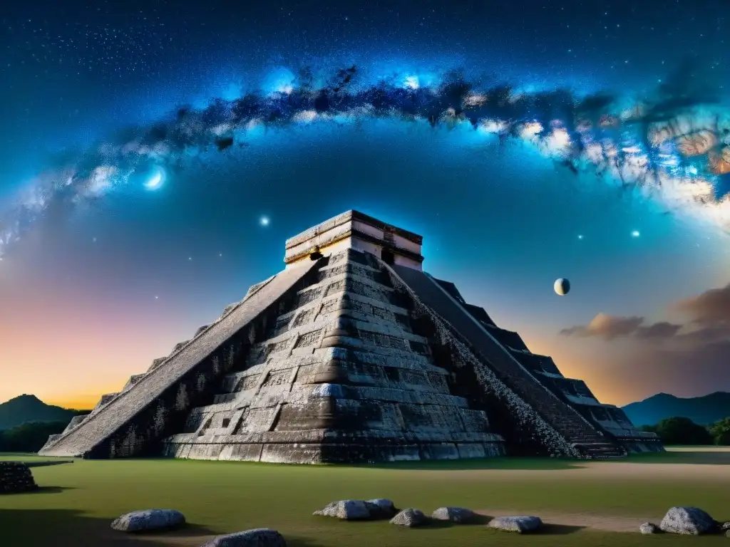 Majestuosa vista nocturna de la astronomía en la cosmología Maya, con pirámide y constelaciones