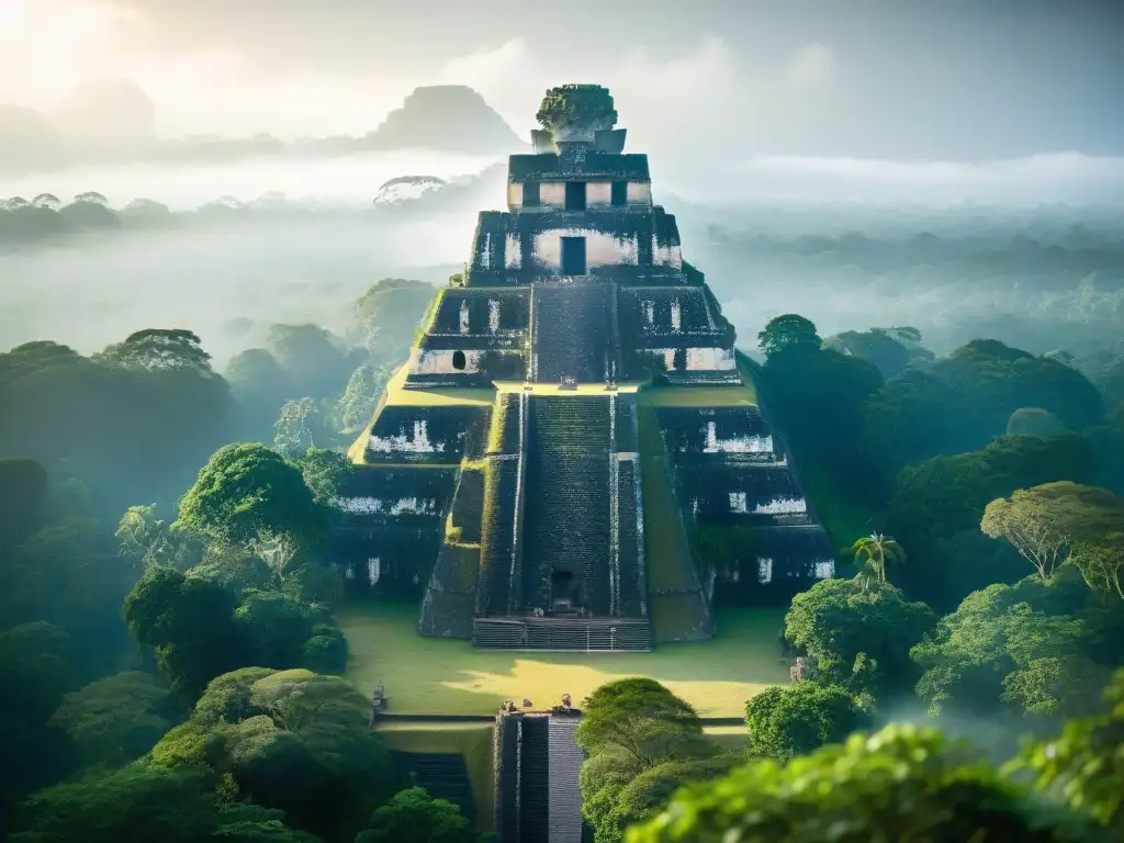 Majestuosas pirámides y tallados de Tikal, envueltos en niebla matutina con el sol iluminando las ruinas mayas