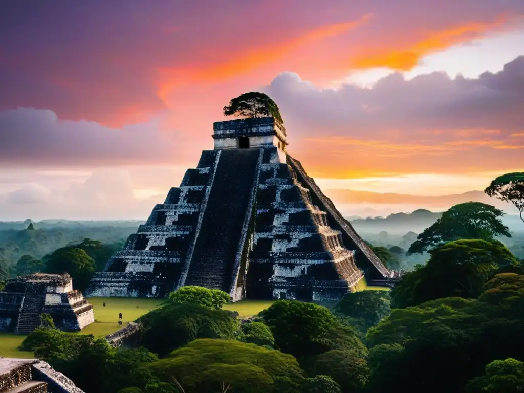 Majestuosas ruinas Mayas de Uaxactún y Tikal al atardecer, destacando su competencia astronómica