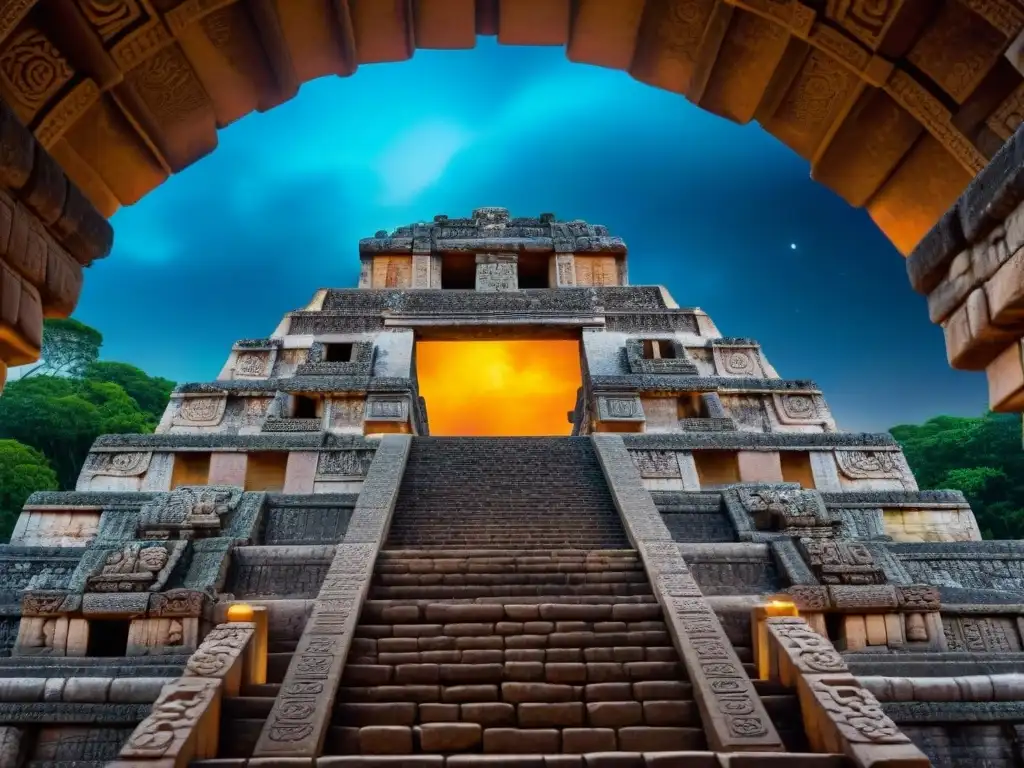 Majestuosas ruinas mayas y cielo estrellado, fusionando arquitectura y astronomía