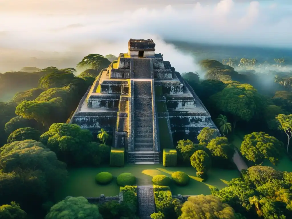 Majestuosas ruinas mayas envueltas en neblina al amanecer, destacando la teoría sobre el Colapso Maya