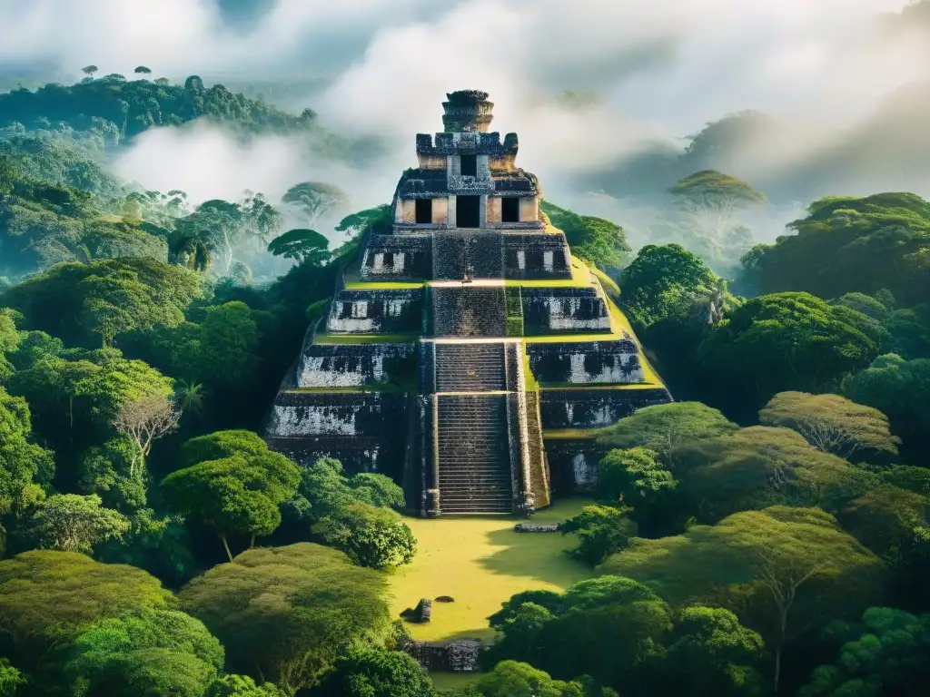 Majestuosas ruinas mayas entre la exuberante selva tropical, simbolizando el colapso civilización maya cambio climático