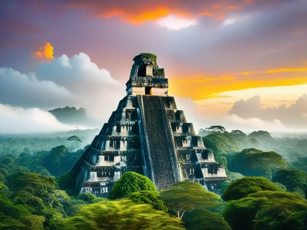 Majestuosas ruinas de Tikal al atardecer, con selva exuberante y detalles mayas