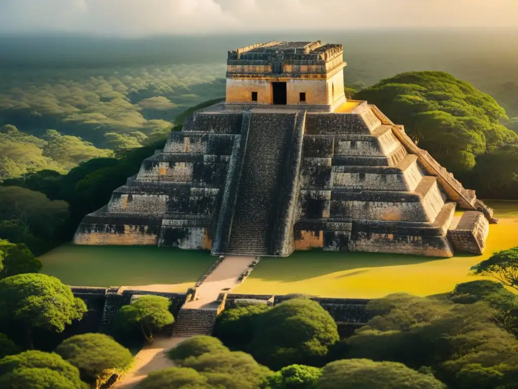 Majestuosas ruinas de Uxmal al atardecer, resaltando las leyendas enano Uxmal maya