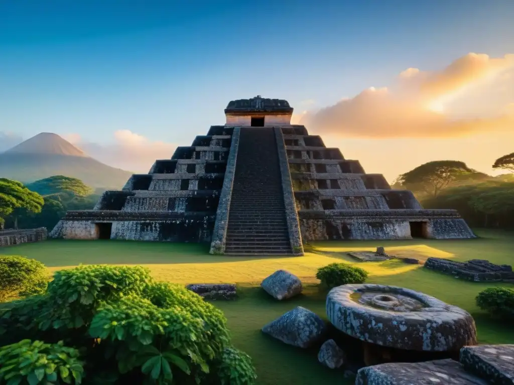 Majestuosas ruinas de Zaculeu en el periodo posclásico Maya, iluminadas por el sol poniente, entre vegetación exuberante y cielo azul