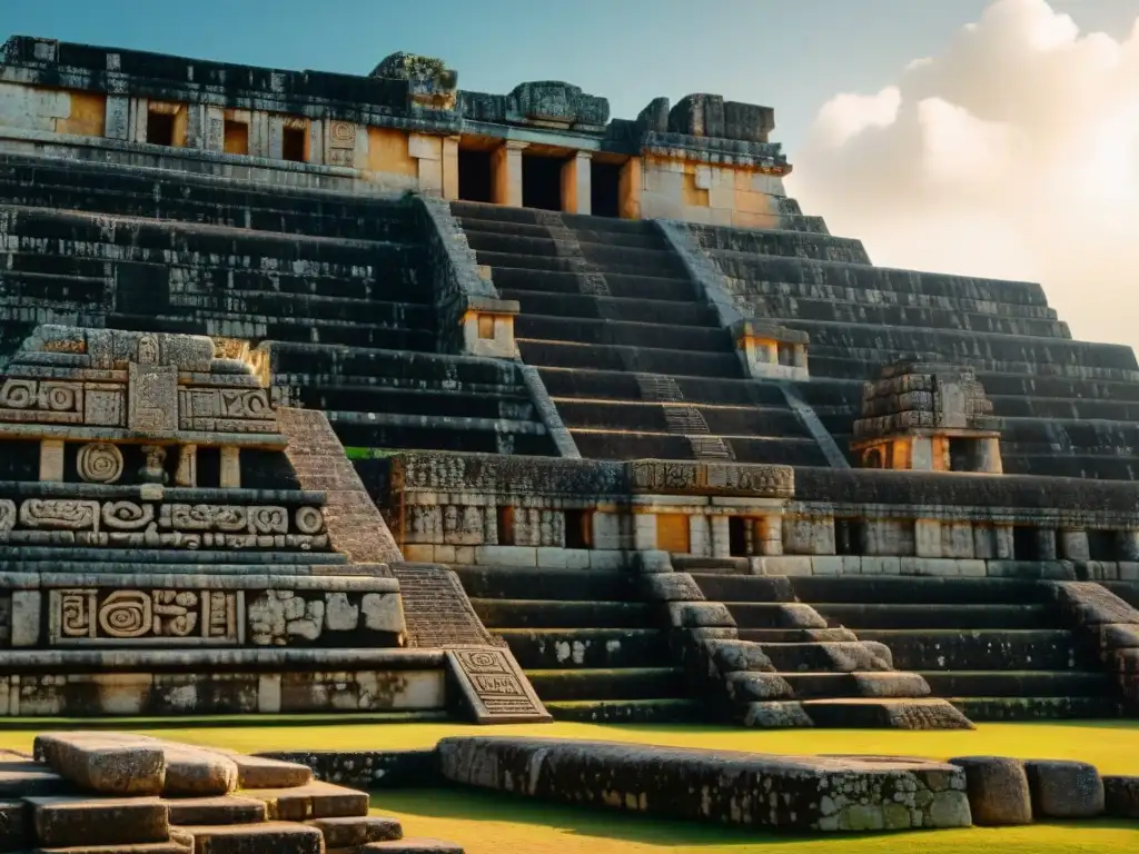 Majestuosas tallas y patrones geométricos del Observatorio Maya en Chichén Itzá, revelando su avanzado conocimiento arquitectónico y astronómico