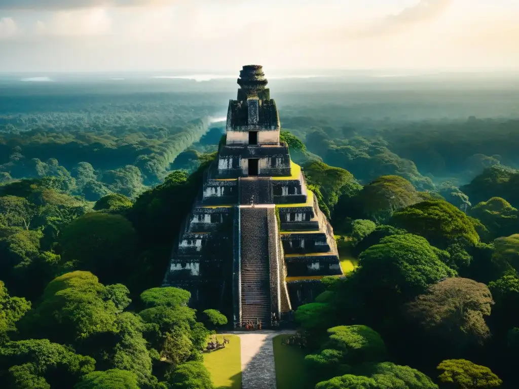 Explora la majestuosidad de la antigua ciudad Maya de Tikal, con sus pirámides, ruinas y exuberante vegetación