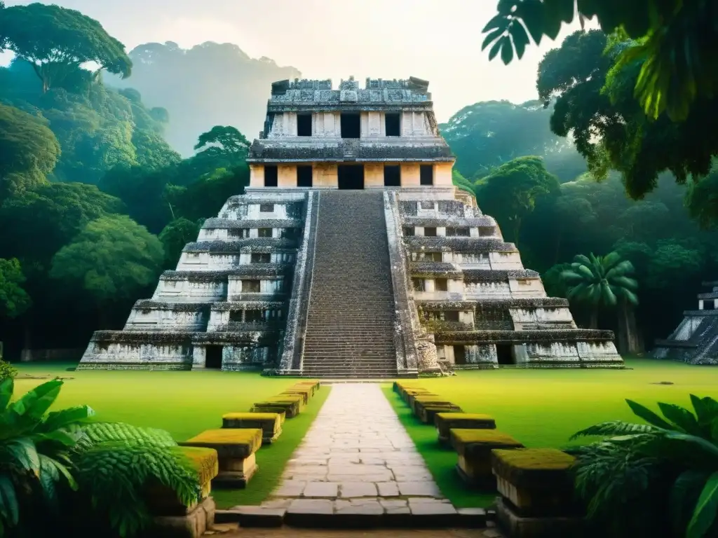 Explora la majestuosidad de las antiguas ruinas mayas en Palenque, México, rodeadas de exuberante vegetación