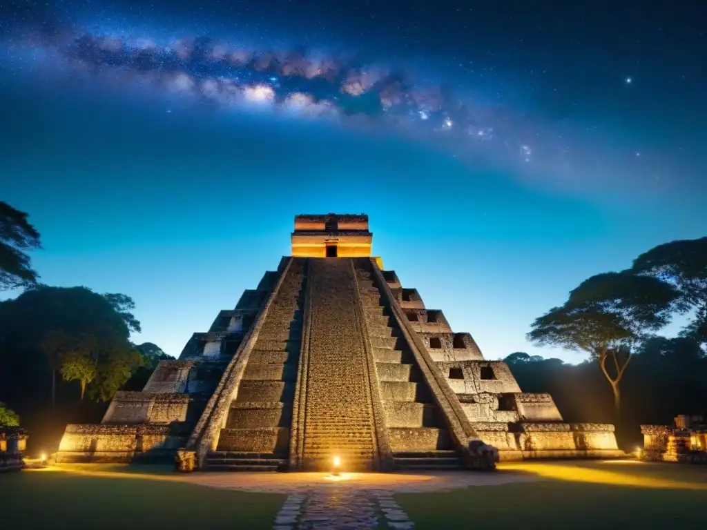 La majestuosidad de la astronomía en la cosmología Maya, reflejada en la noche estrellada sobre la selva y un templo iluminado por la luna