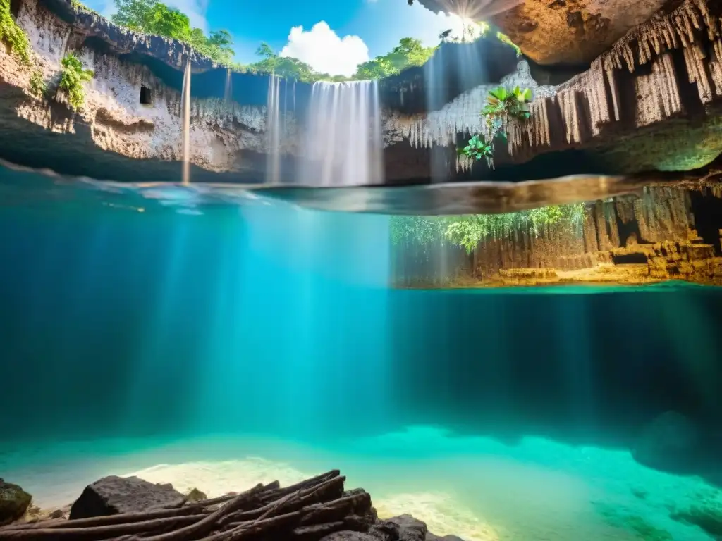 Explora la majestuosidad de un cenote en la cultura maya, con aguas turquesas y raíces colgantes bajo un techo de cueva iluminado por el sol