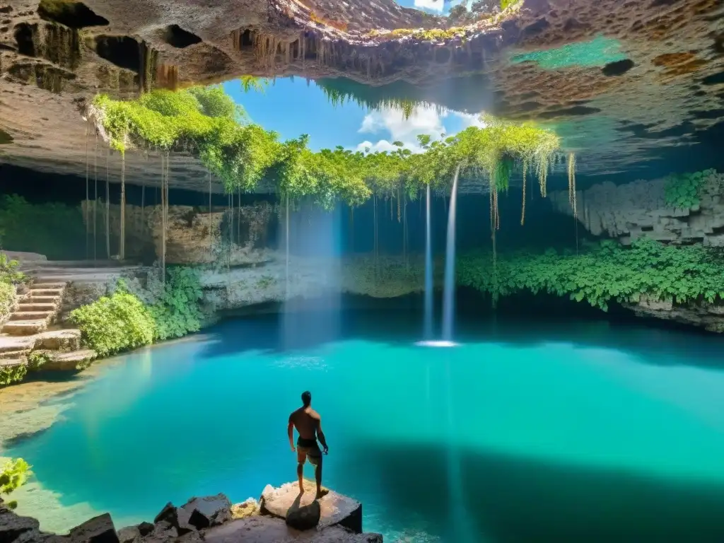 Explorando la majestuosidad del cenote IkKil, con sus aguas turquesa y exuberante vegetación