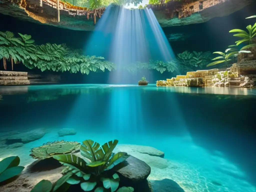 Descubre la majestuosidad de los cenotes sagrados de la civilización maya entre ruinas y exuberante vegetación