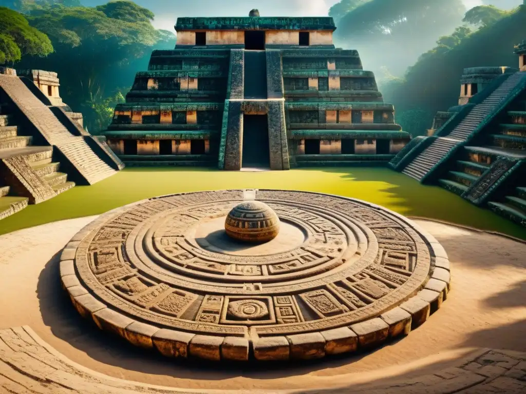 Explora la majestuosidad del Juego de Pelota Maya educativo, con detalles tallados e historias en las paredes