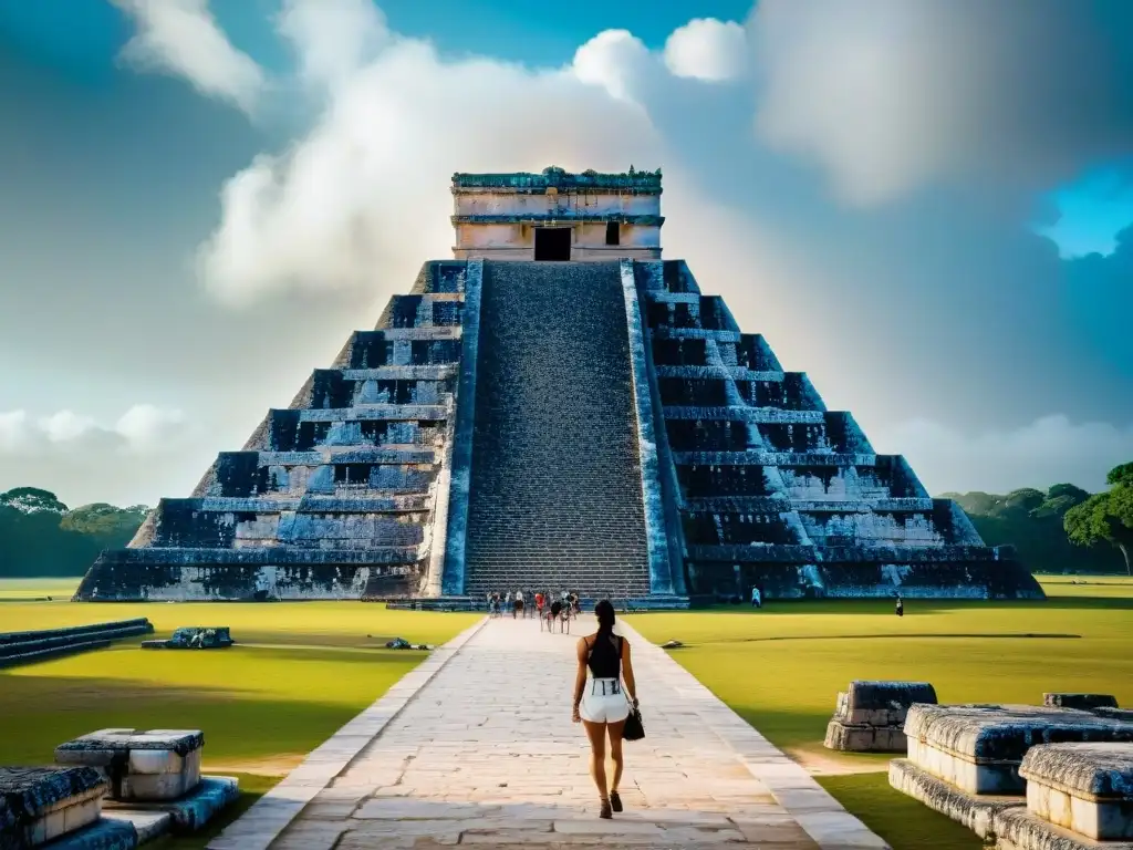 La majestuosidad del Legado de Kukulkán en arquitectura: pirámide Kukulkán en Chichén Itzá, México, con intrincados relieves de la serpiente emplumada