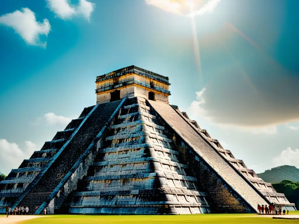 La majestuosidad del Legado de Kukulkán en arquitectura: pirámide detallada de Chichén Itzá, con intrincados grabados de piedra y sombra de serpiente