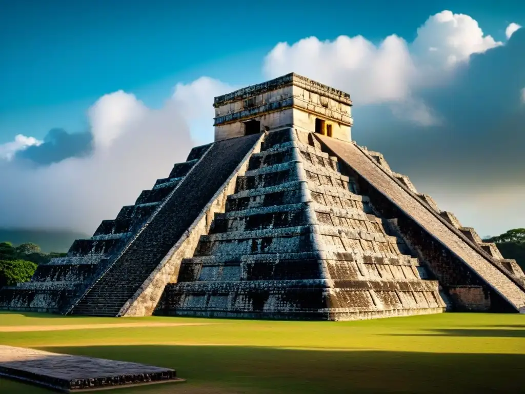 La majestuosidad de la pirámide de El Castillo en Chichén Itzá resalta la historia y cultura maya con sus detallados grabados y juego de luz y sombra