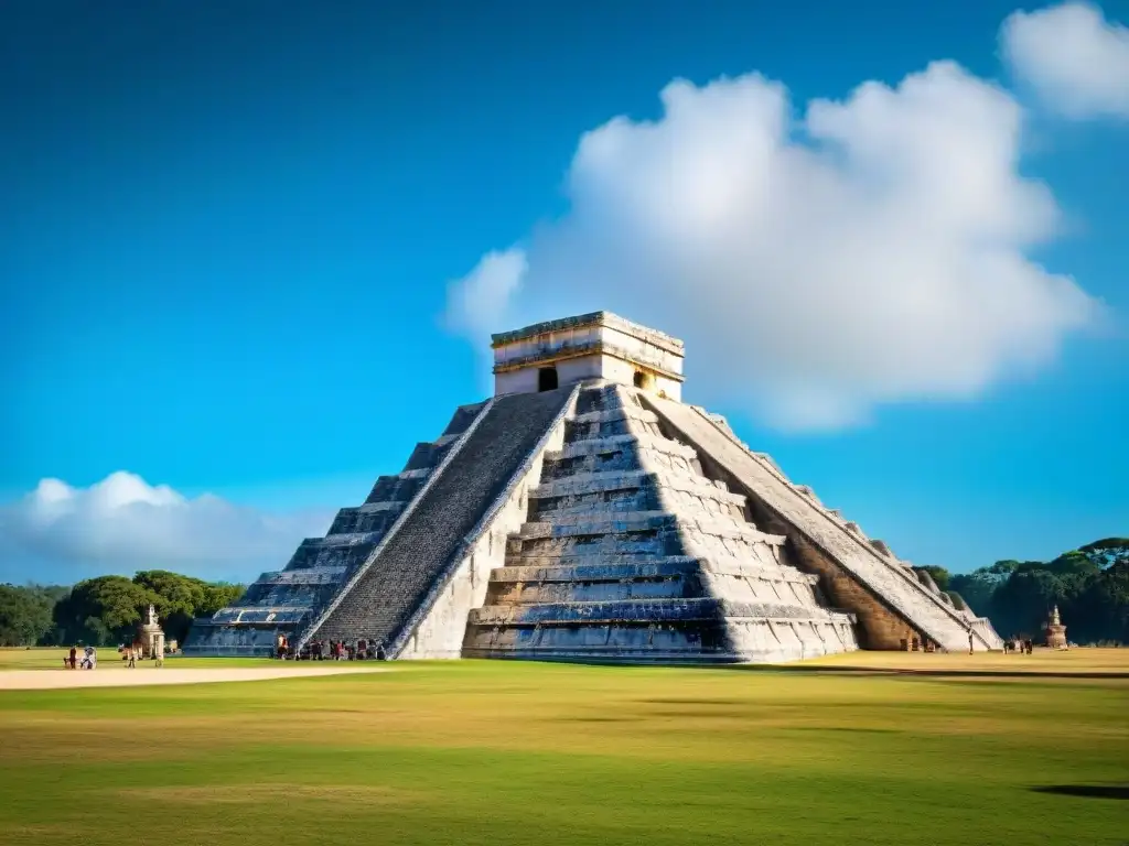 La majestuosidad de la pirámide maya El Castillo en Chichén Itzá, resaltando su diseño intrincado y la función astronómica de las pirámides mayas