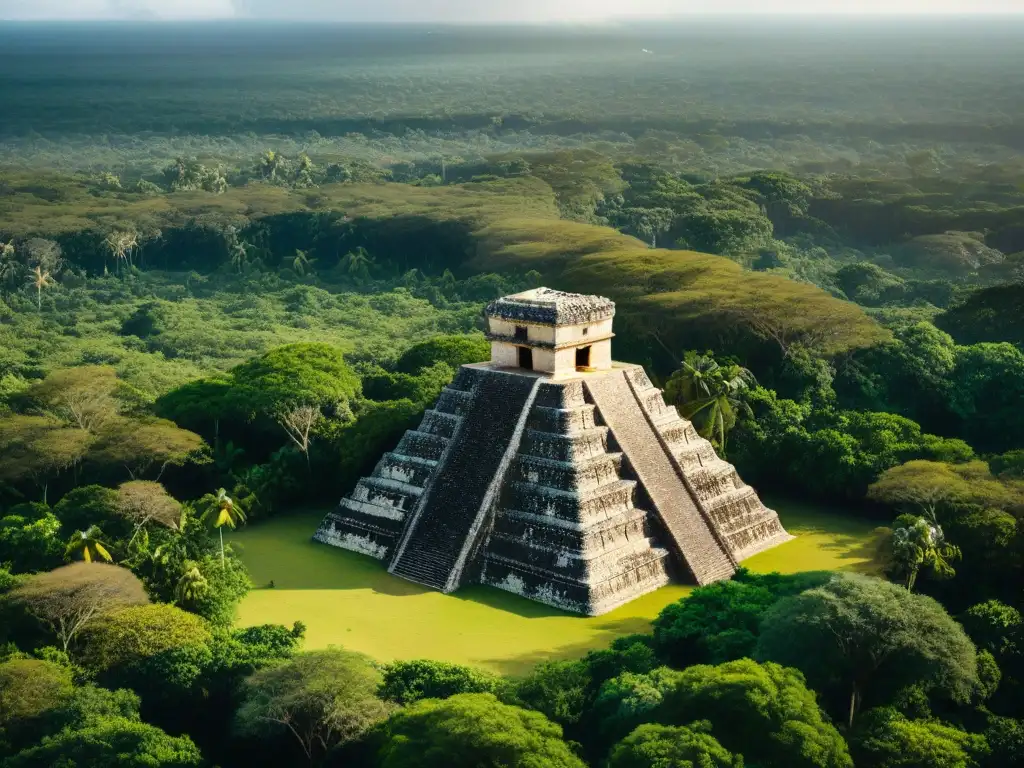 La majestuosidad de una pirámide maya entre la exuberante vegetación, evocando la transmisión de conocimientos mayas ancestral