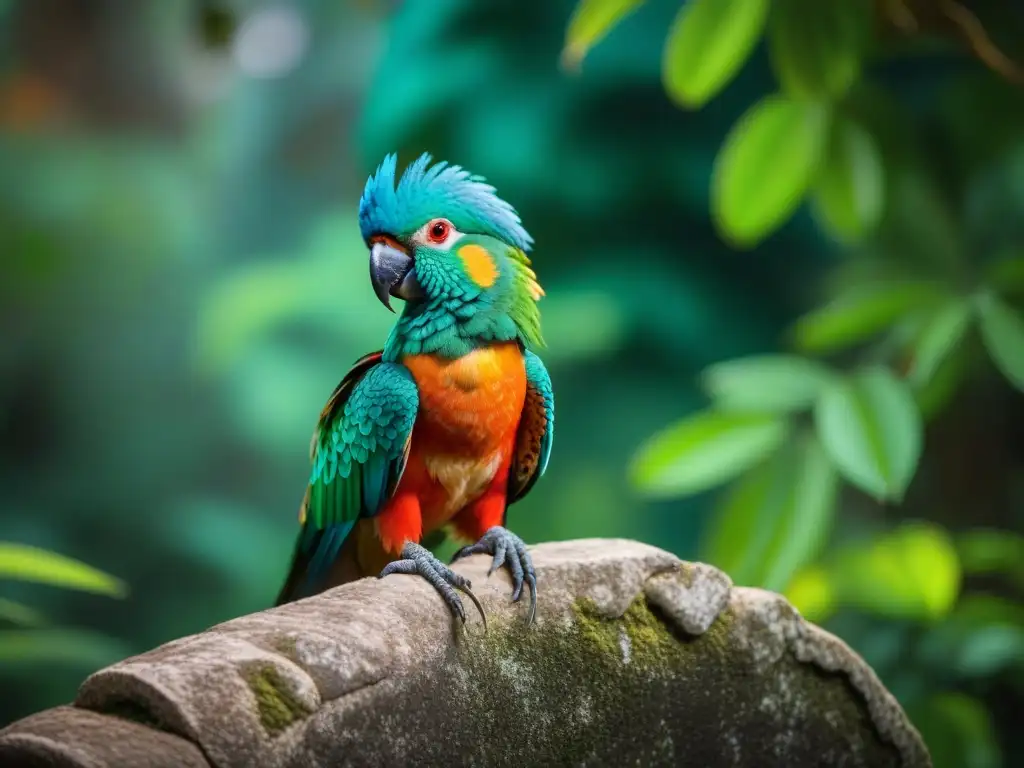 La majestuosidad del Quetzal en un templo Maya, resaltando la belleza de las especies endémicas