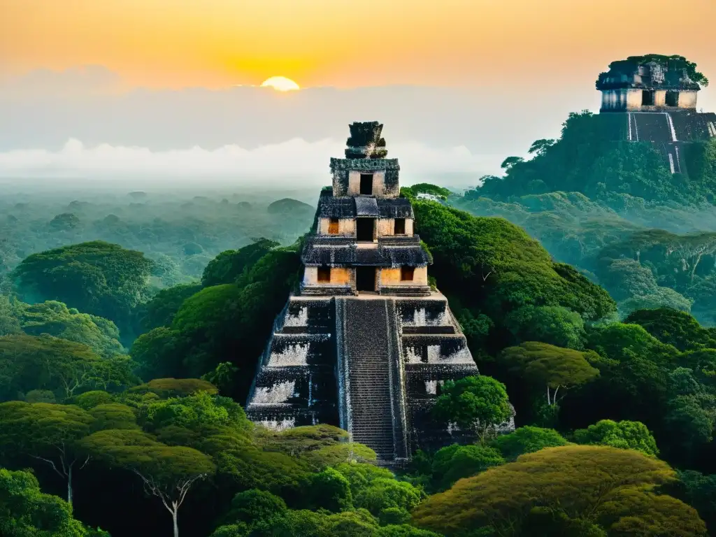 Explora la majestuosidad de las ruinas mayas en Tikal al atardecer, entre templos de piedra y exuberante vegetación