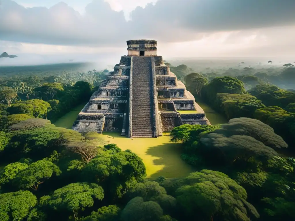 Explora la majestuosidad de un sitio arqueológico maya con intrincadas esculturas de piedra, pirámides imponentes y exuberante selva