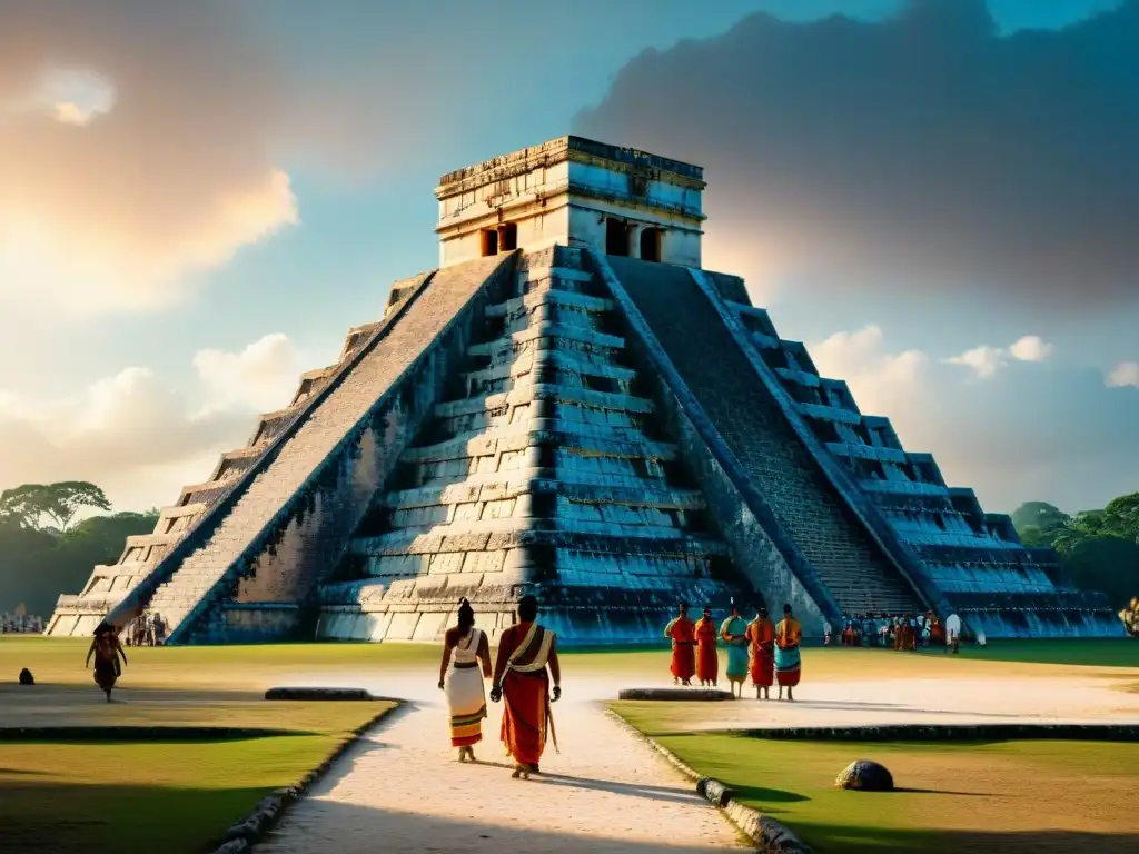 Majestuosidad del solsticio de verano en Chichén Itzá: El Castillo iluminado por el sol, mientras indígenas realizan ritual