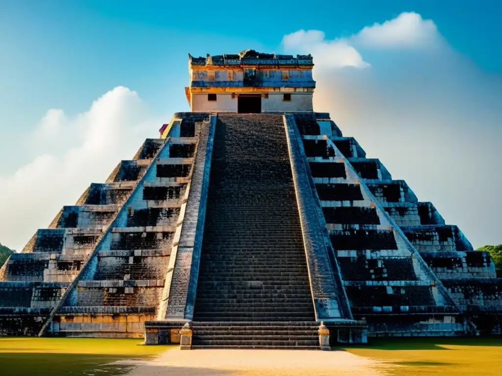 La majestuosidad del Templo de Kukulkán en Chichén Itzá durante el equinoccio, destacando detalles arquitectónicos y la sombra serpentina del sol