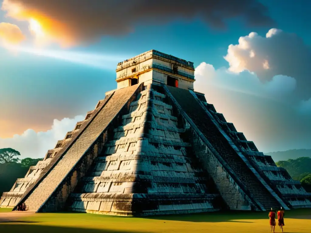 Majestuosidad del Templo de Kukulcán en Chichen Itzá durante el equinoccio, reflejando el significado equinoccios solsticios cultura maya