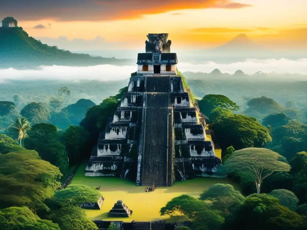 La majestuosidad del Templo del Gran Jaguar en Tikal al atardecer, evocando la presencia de Ah Puch, dios de la muerte maya