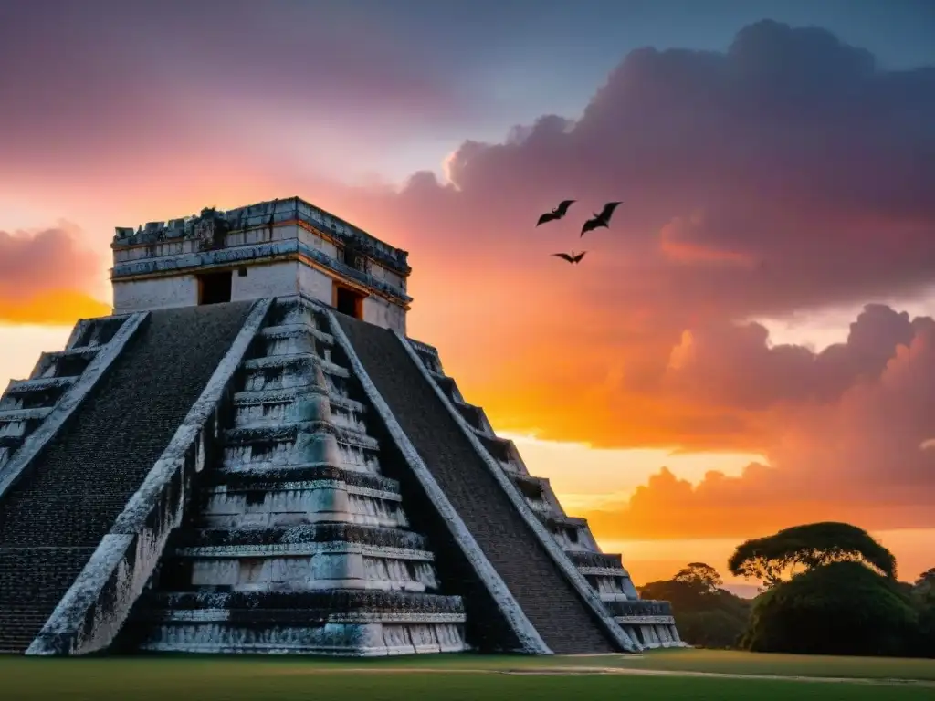 La majestuosidad de un templo maya al atardecer con murciélagos surcando el cielo en guardia nocturna