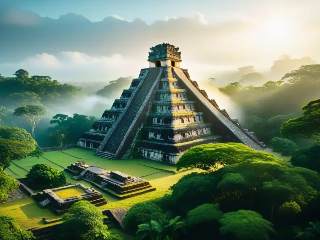 La majestuosidad de un templo maya al amanecer, con detalles intrincados y jeroglíficos, bañado por la luz dorada del sol