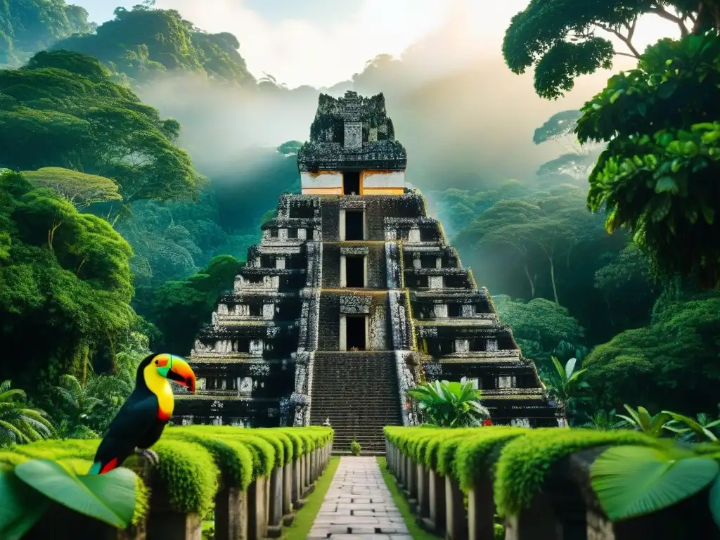 La majestuosidad de un templo maya en armonía con la exuberante selva, resaltando la sabiduría maya en conservación ambiental