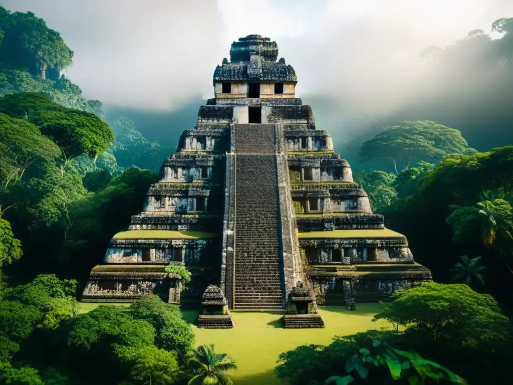 Descubre la majestuosidad de un templo maya entre la exuberante vegetación