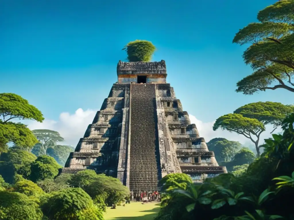 Descubre la majestuosidad de un templo maya rodeado de exuberante naturaleza