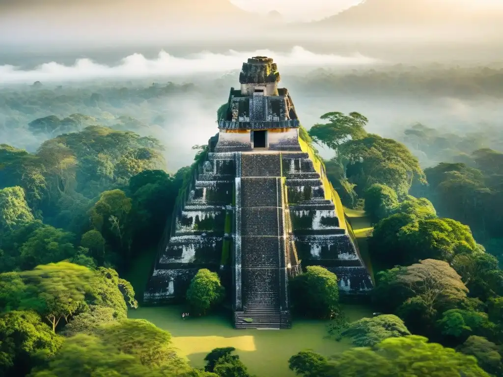 Explora la majestuosidad de Tikal al amanecer, destacando las pirámides en la selva verde