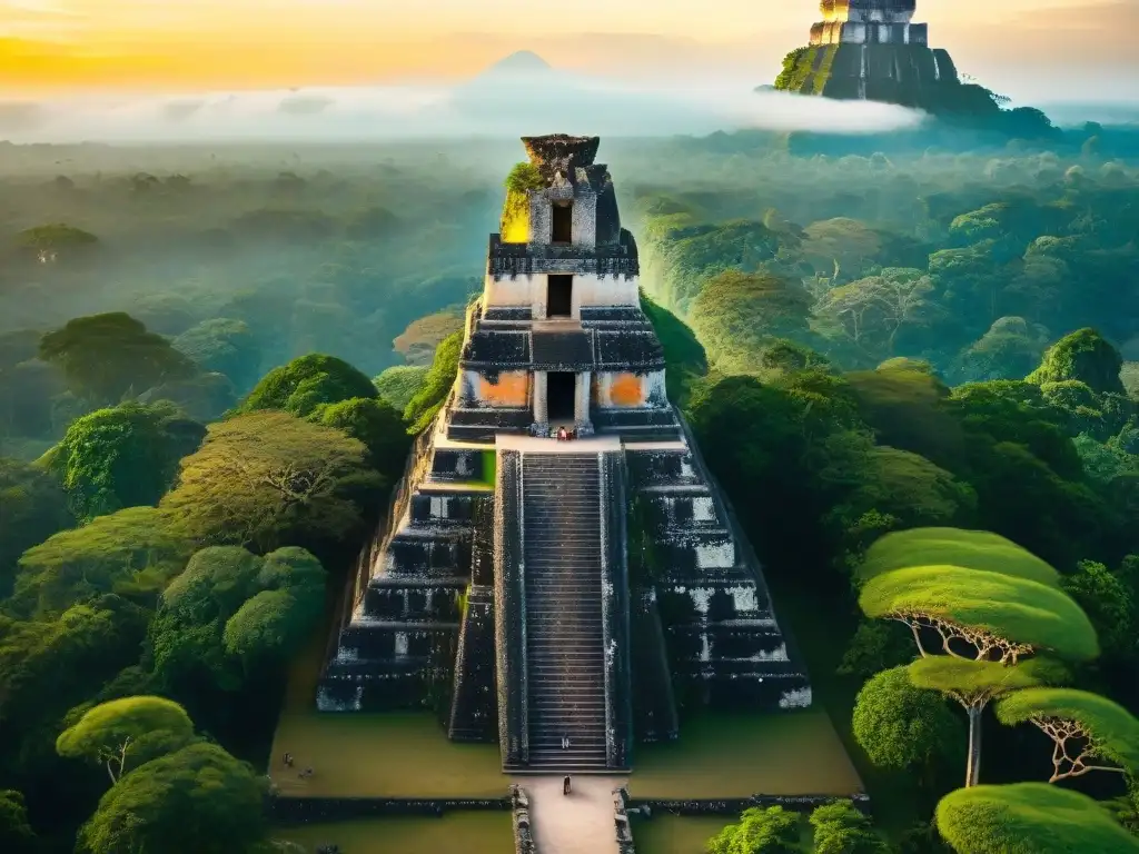 Explora la majestuosidad de Tikal al atardecer, con templos antiguos y selva vibrante