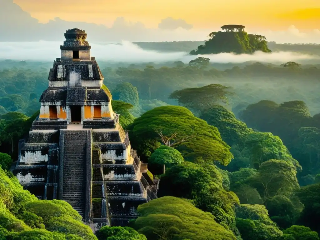 Explora la majestuosidad de Tikal al atardecer, testamento de la civilización maya