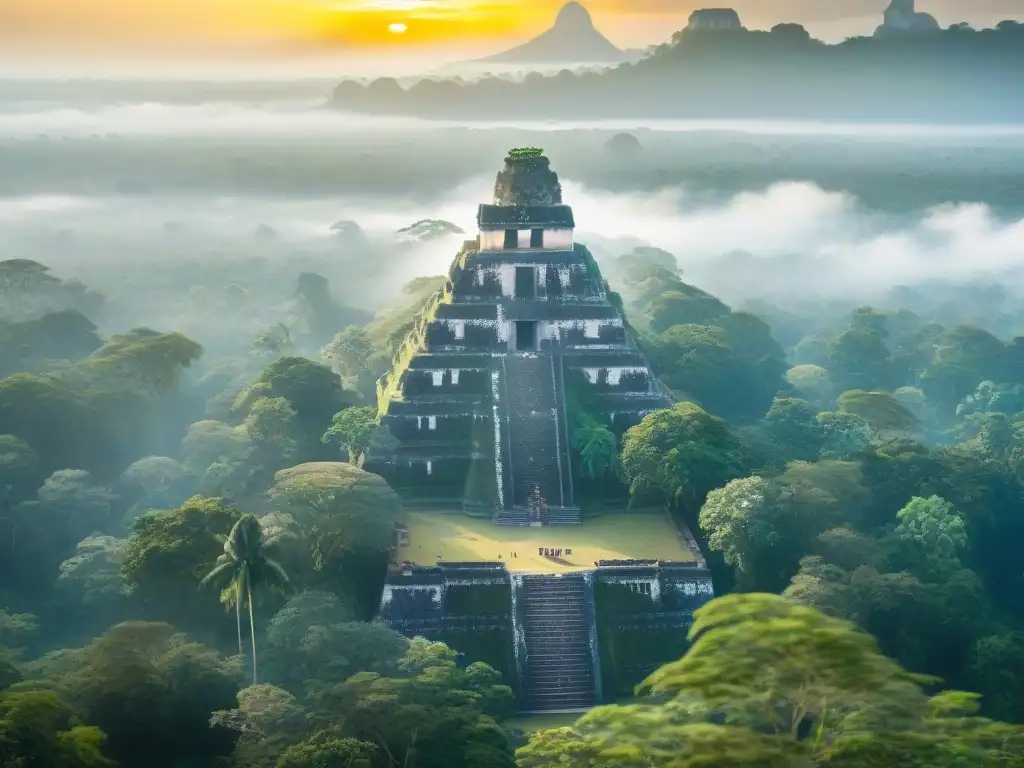 La majestuosidad de Tikal al amanecer, con los rayos del sol iluminando la arquitectura maya entre la neblina