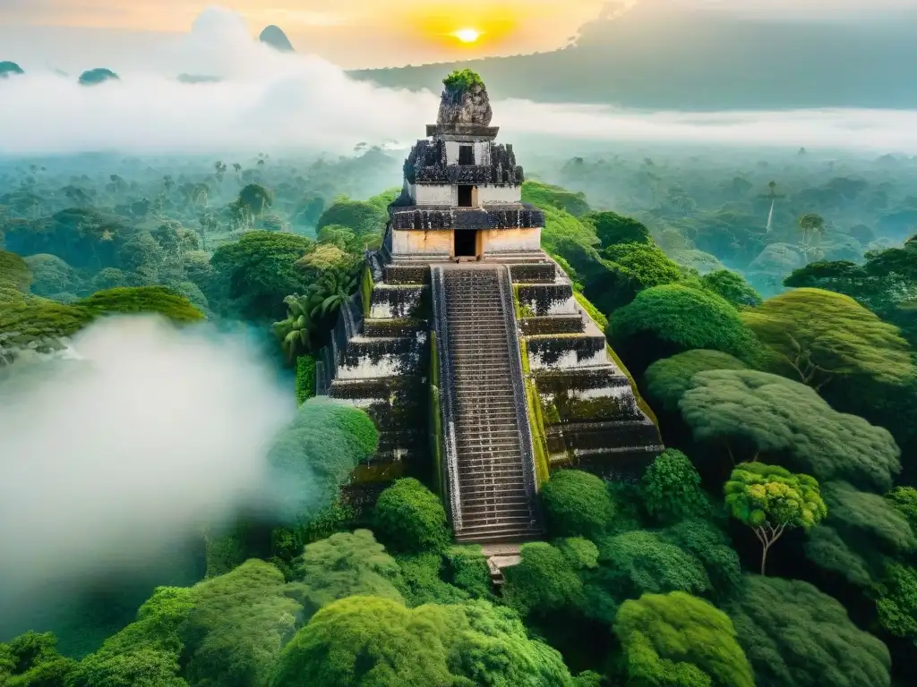 Explora la majestuosidad de Tikal al amanecer, con ruinas mayas entre exuberante vegetación y aves en vuelo