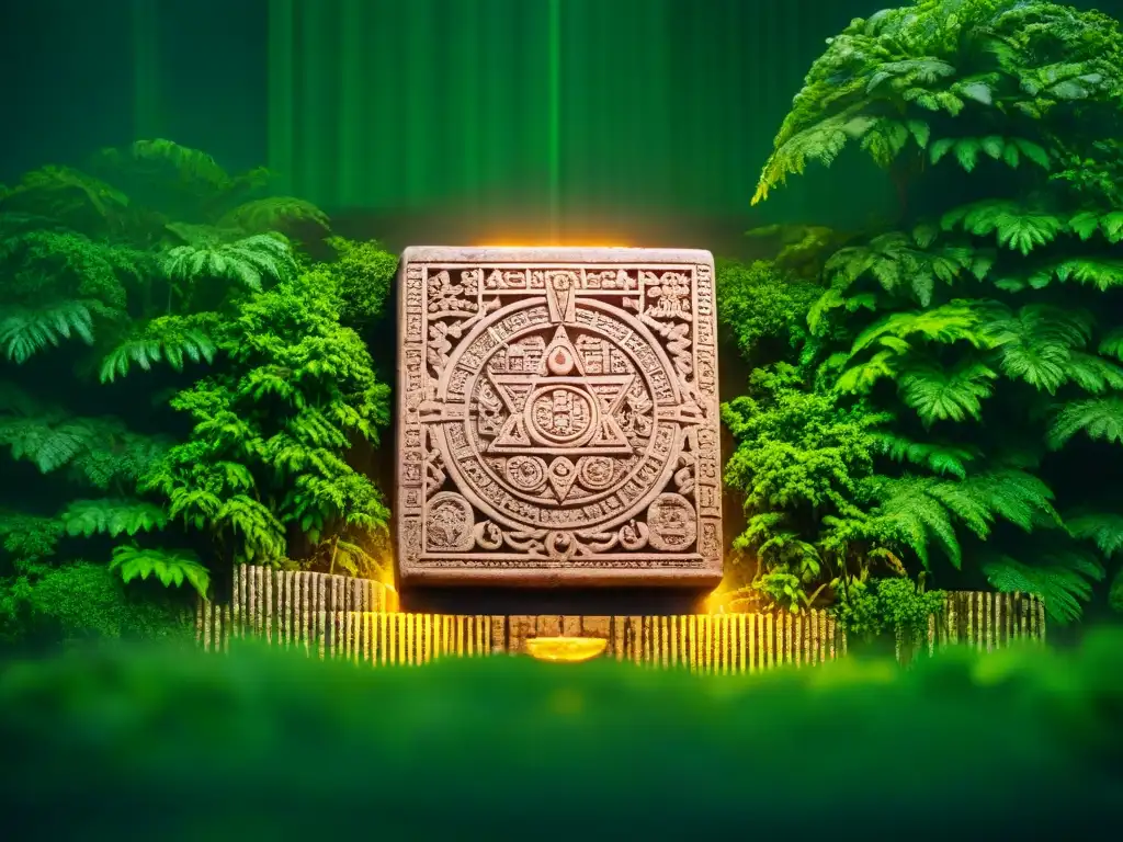 Majestuoso calendario maya fin del mundo tallado en piedra, iluminado por la luz en la selva exuberante