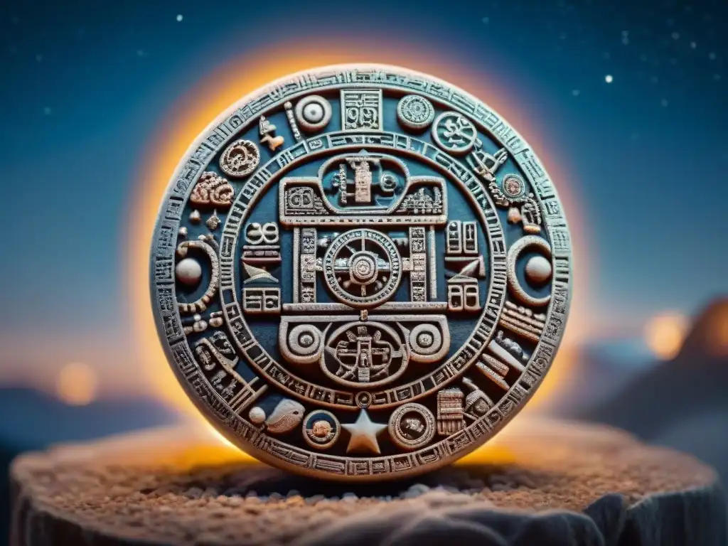 Majestuoso calendario maya iluminado por la luna en la noche estrellada, simbolizando la conexión entre astrología y calendario maya