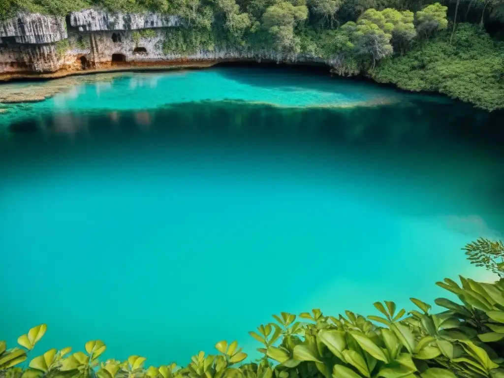 Majestuoso cenote en la Península de Yucatán, con aguas turquesas y ruinas antiguas, evocando el simbolismo del agua en la religión maya