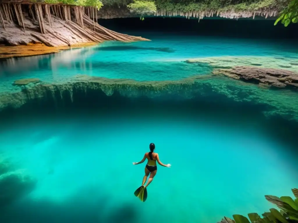 Majestuoso cenote en la Península de Yucatán, aguas turquesas rodeadas de vegetación exuberante con raíces colgantes