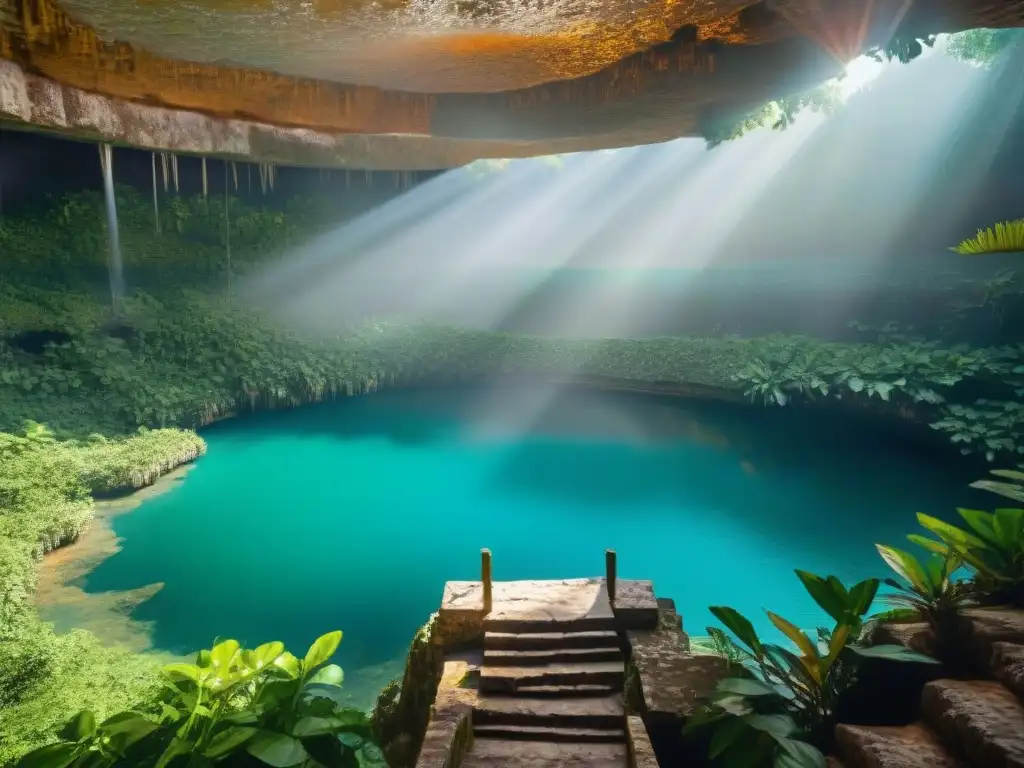 Majestuoso cenote sagrado en Chichén Itzá, rodeado de exuberante vegetación y misticismo