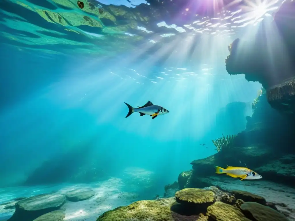 Un majestuoso cenote en la Península de Yucatán con vibrante vida acuática y exuberante vegetación