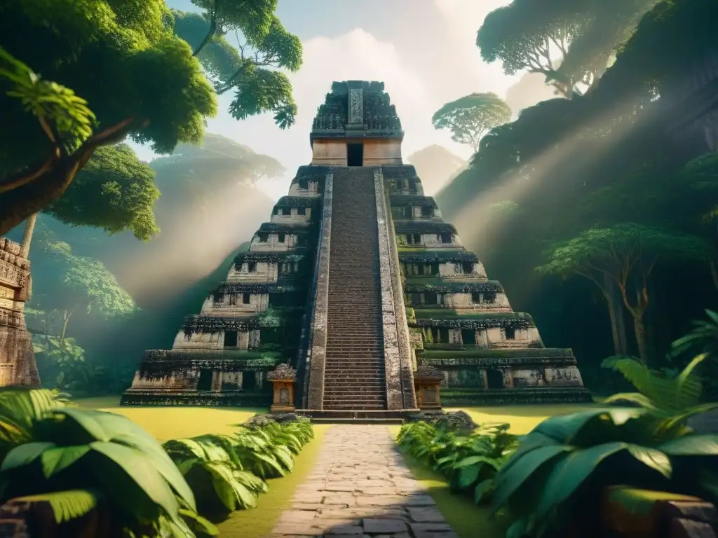 Reconstrucción 3D de un majestuoso complejo de templos mayas entre vegetación exuberante y misteriosas sombras