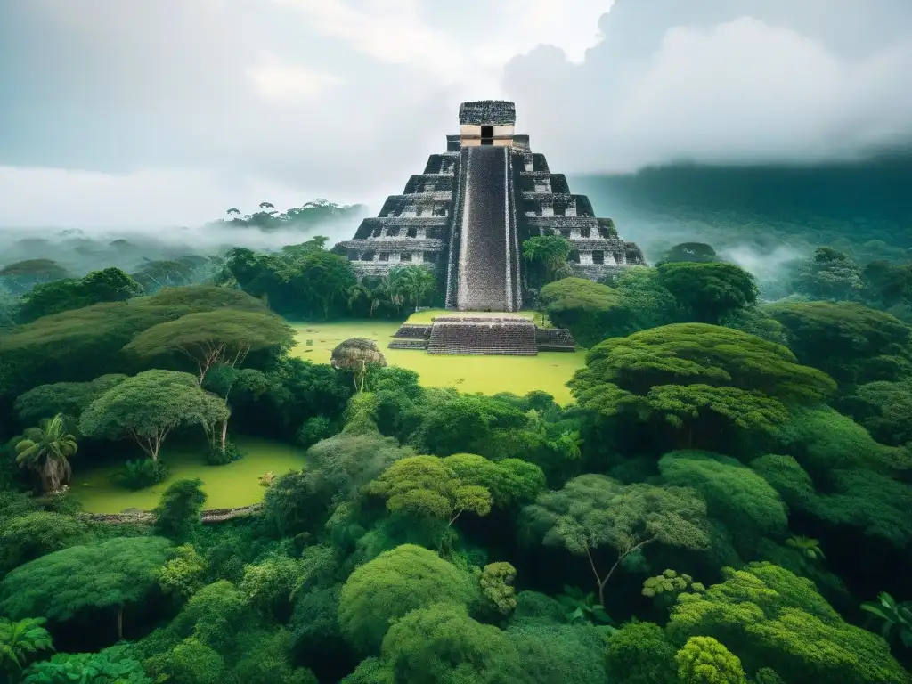 Un majestuoso y detallado paisaje de selva tropical alrededor de un sitio arqueológico Maya, resaltando la conservación flora fauna zonas arqueológicas